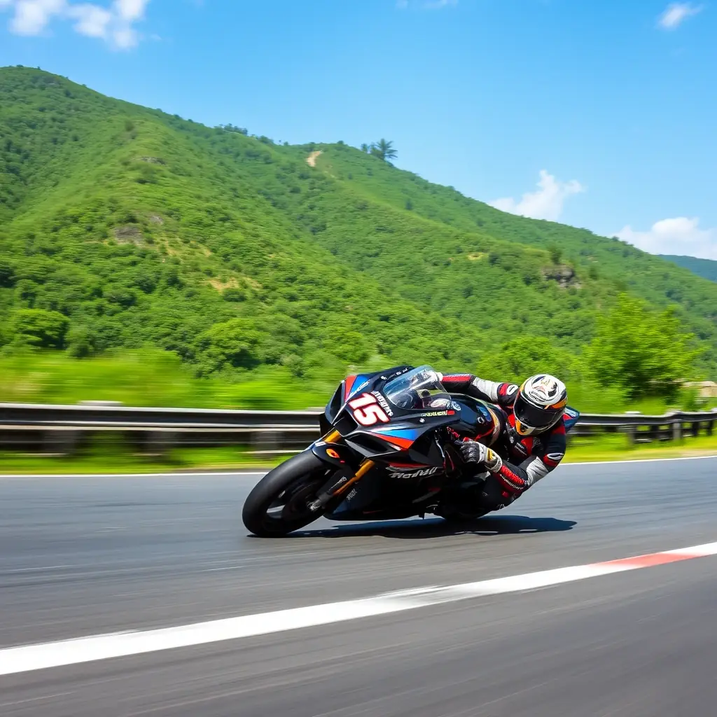 A MotoGP rider speeding on a motorcycle during a professional race, showcasing high-speed action and precision riding.